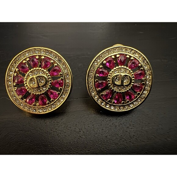 Christian Dior Stamped CD Authentic Magenta Crystals Medallion Stud Earrings - Picture 12 of 16